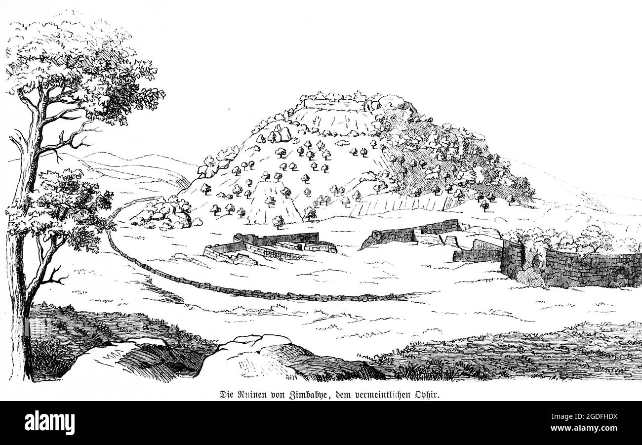 Ruinen von Simbabwe oder Simbabwe, angeblich der legendäre biblische Ort Ophir, Rotes Meer, historische Illustration 1881 Stockfoto