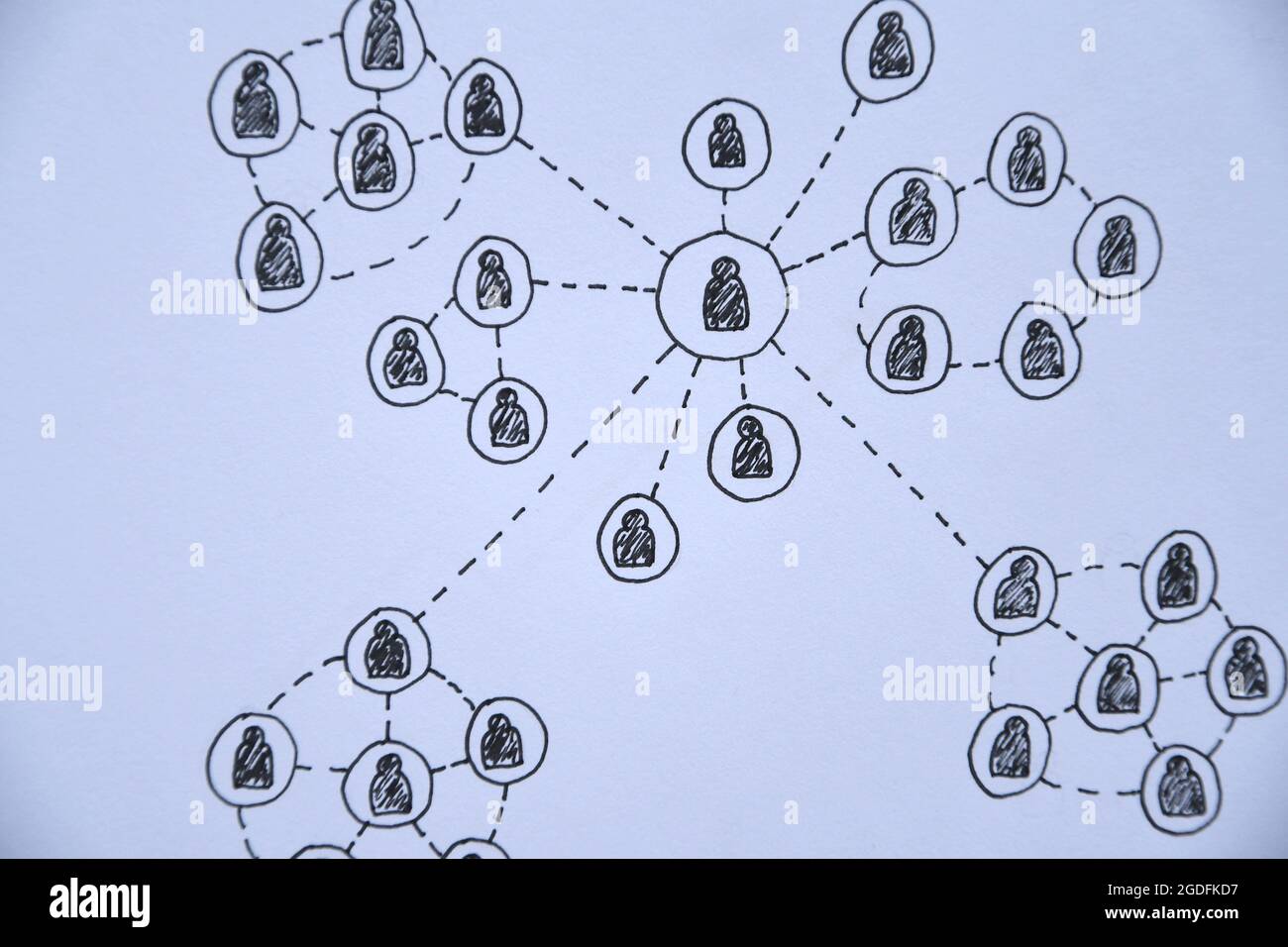 Foto einer Zeichnung eines sozialen Netzwerks auf einem Notizbuch Stockfoto