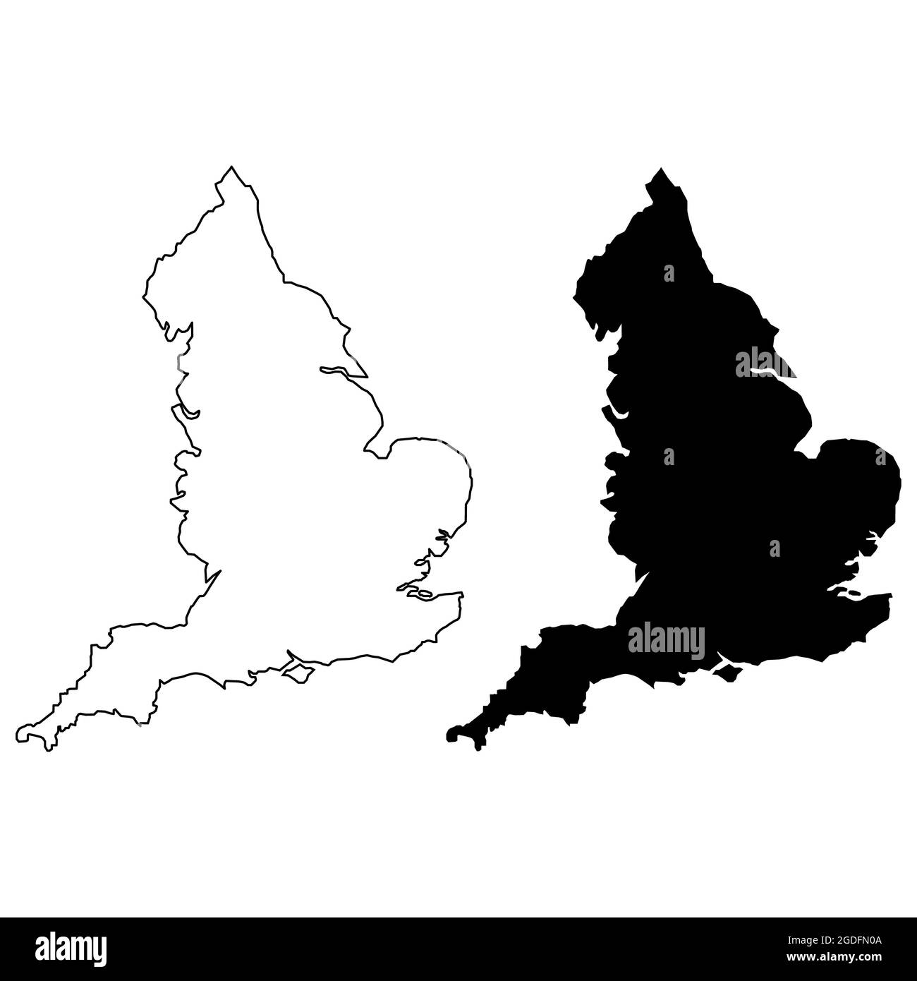England schwarze Karte auf weißem Hintergrund. Umriss Karte von England Schild. Flacher Stil. Stockfoto