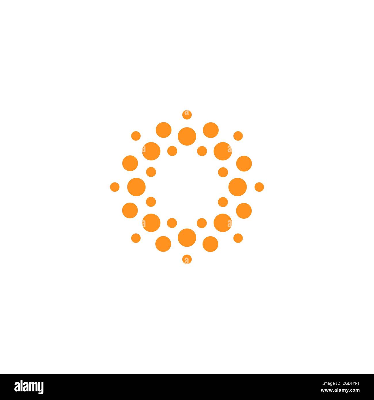 Rundes Logo mit abstraktem Punktmuster. Verbindungszeichen. Virensymbol. Orangefarbene Sonne. Feuerwerk-Emblem. Sonnensymbol. Blume. Medizinische Innovation, Technologie und Wissenschaft Stock Vektor