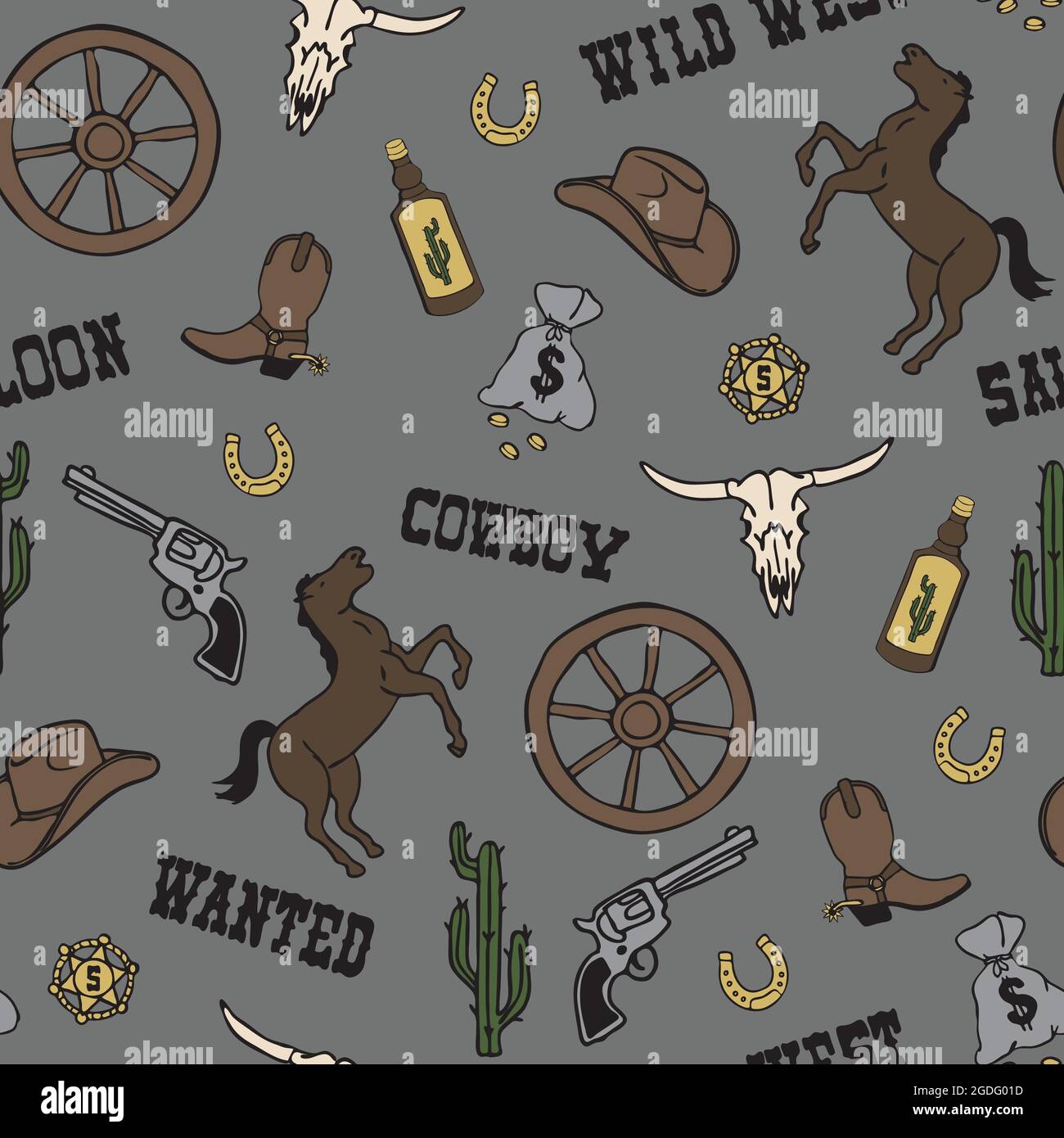 Nahtloses Vektormuster mit wildem West-Cowboy auf grauem Hintergrund. Einfaches Western Tapetendesign für Kinder. Dekorative Texas Fashion Textil. Stock Vektor