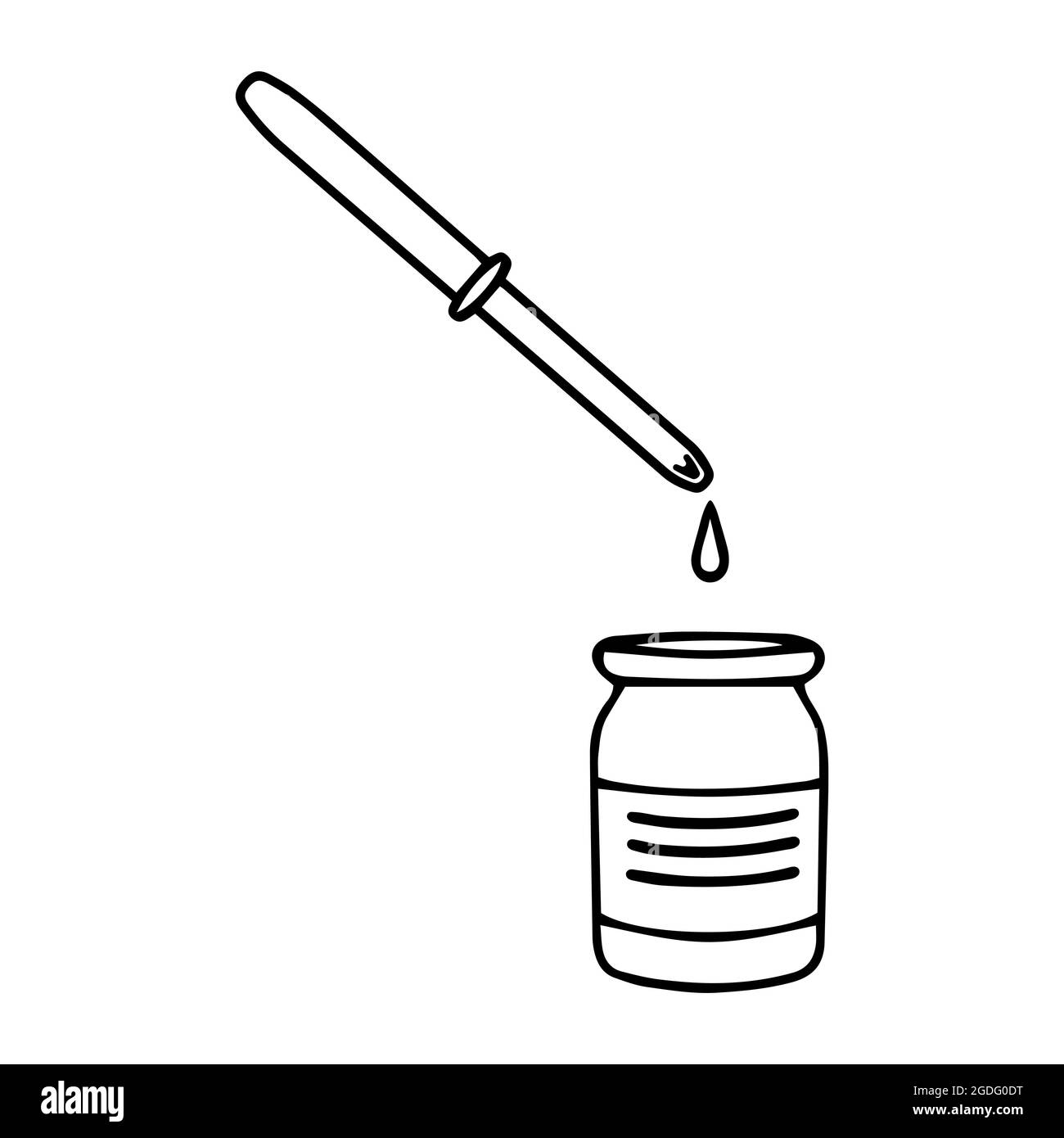 Apothekenpipette mit einer Flasche Medizin im Stil von Doodles im Vektorformat, geeignet für den Einsatz im Internet, Print oder Werbung. Stock Vektor