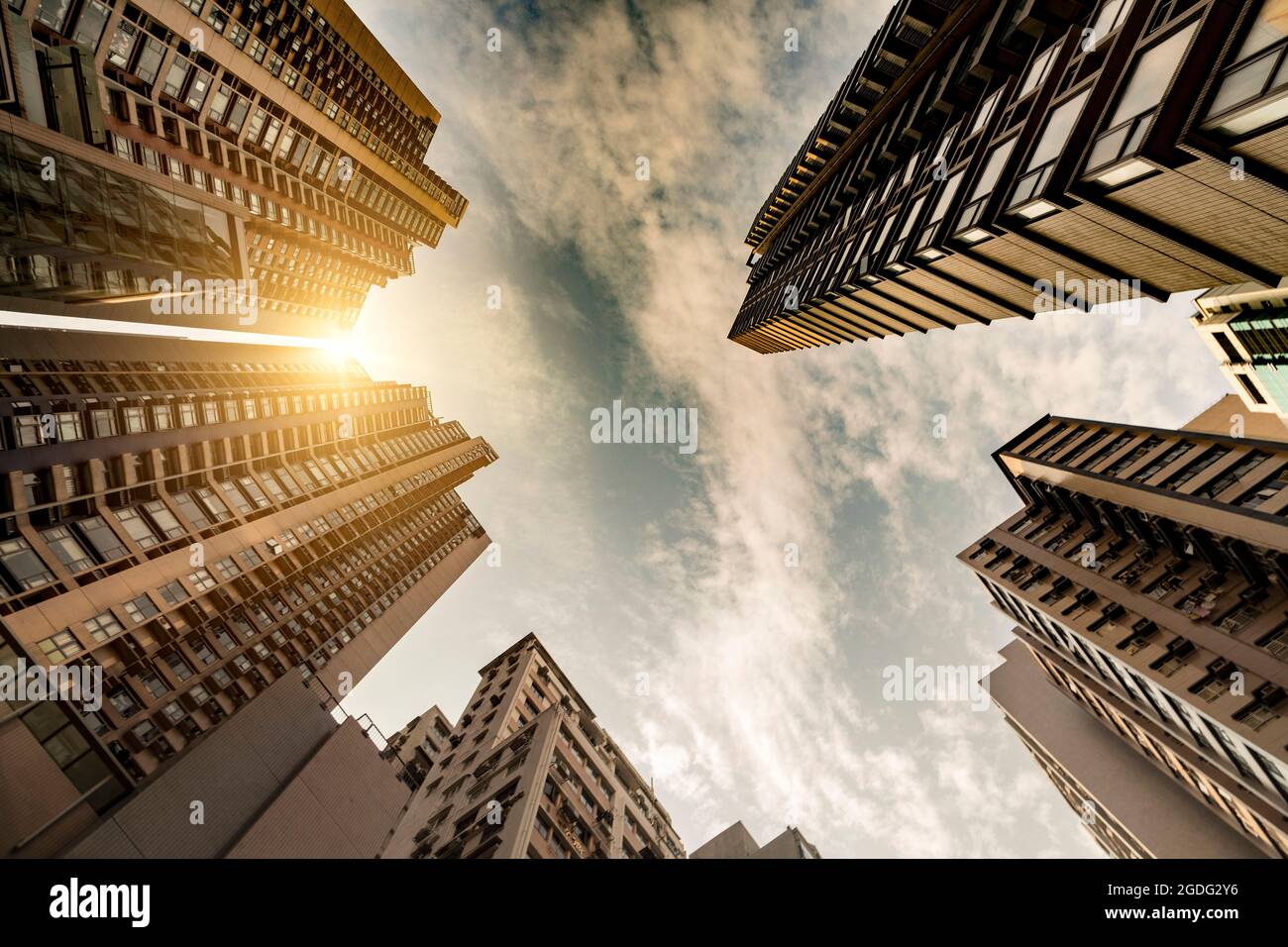 Sonnenuntergang auf Hong Kong Wolkenkratzer skyline Stockfoto