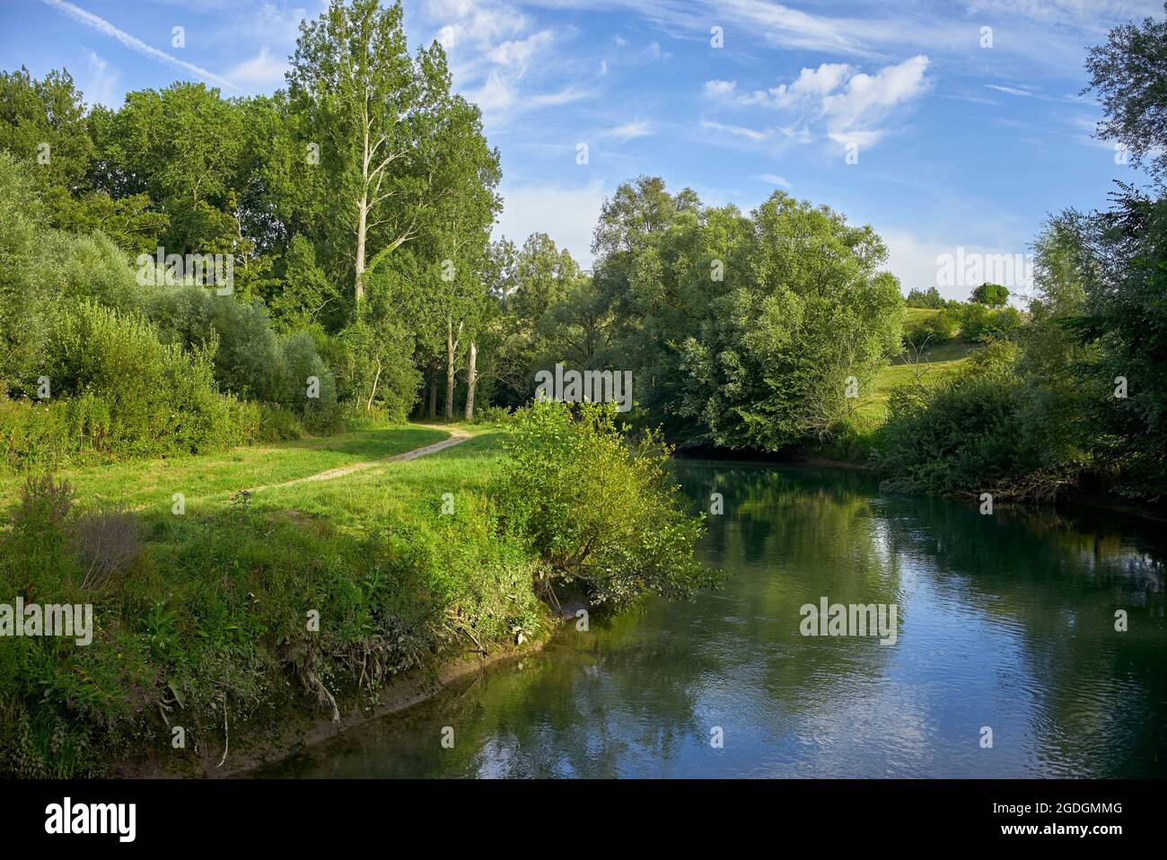 Blick auf den Fluss Canche, La Madelaine-sous-Montreuil, Hauts-de-France. In der Nähe von Montreuil sur Mer, Pais de Calais, Frankreich. Stockfoto