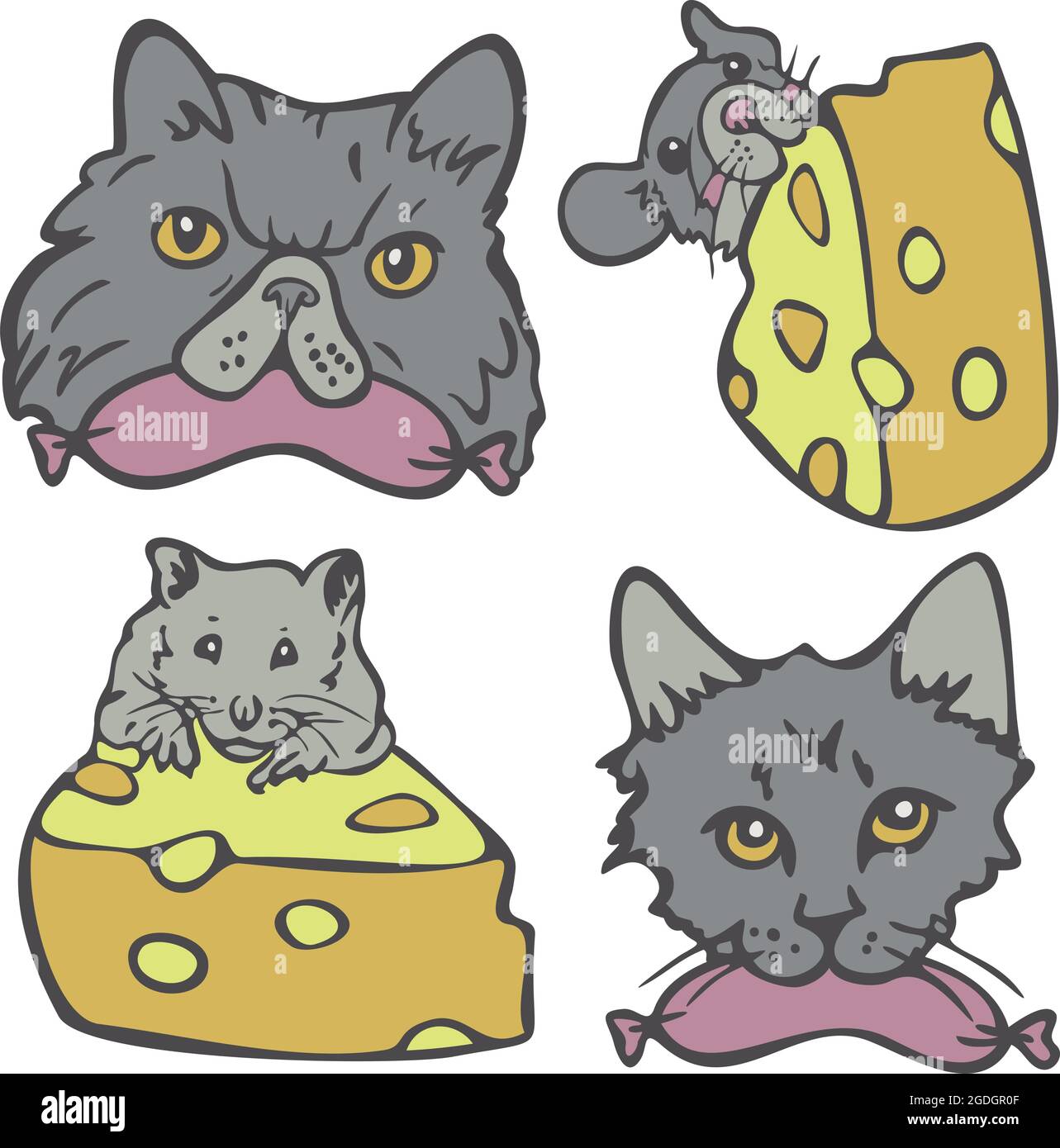 Vektor-Illustration Set mit Haustieren Gesichter mit Futter in ihren Mauten. Katzen halten Würste, Mäuse mit Käse. Stock Vektor