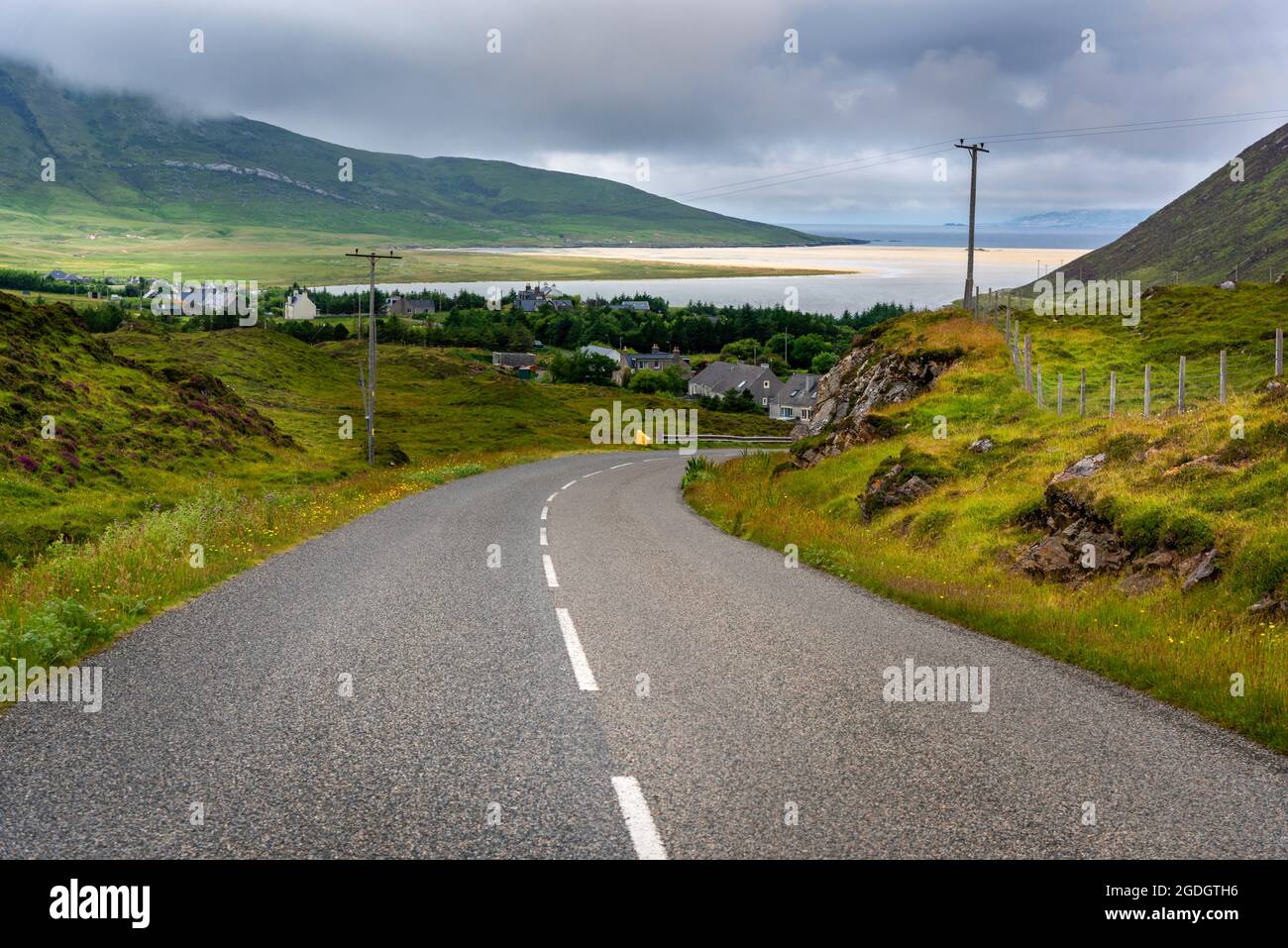 Die südliche Zufahrtsstraße zum Dorf Northton auf der Isle of Harris, äußere Hebriden, Schottland, Großbritannien Stockfoto