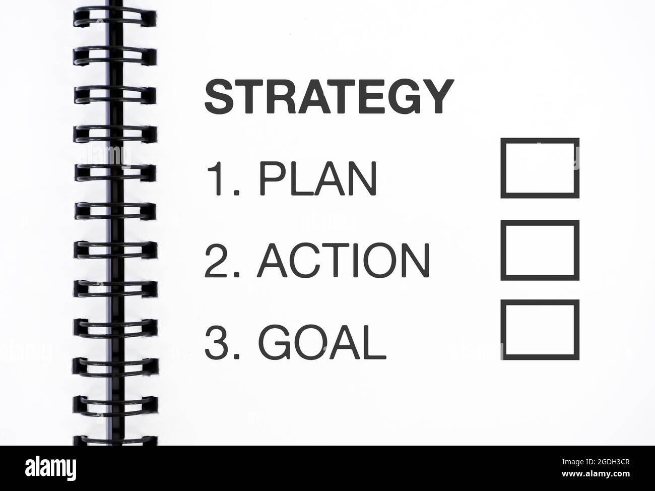 Business Strategy Plan, Action, Goal Checklist und Checkbox Stockfoto