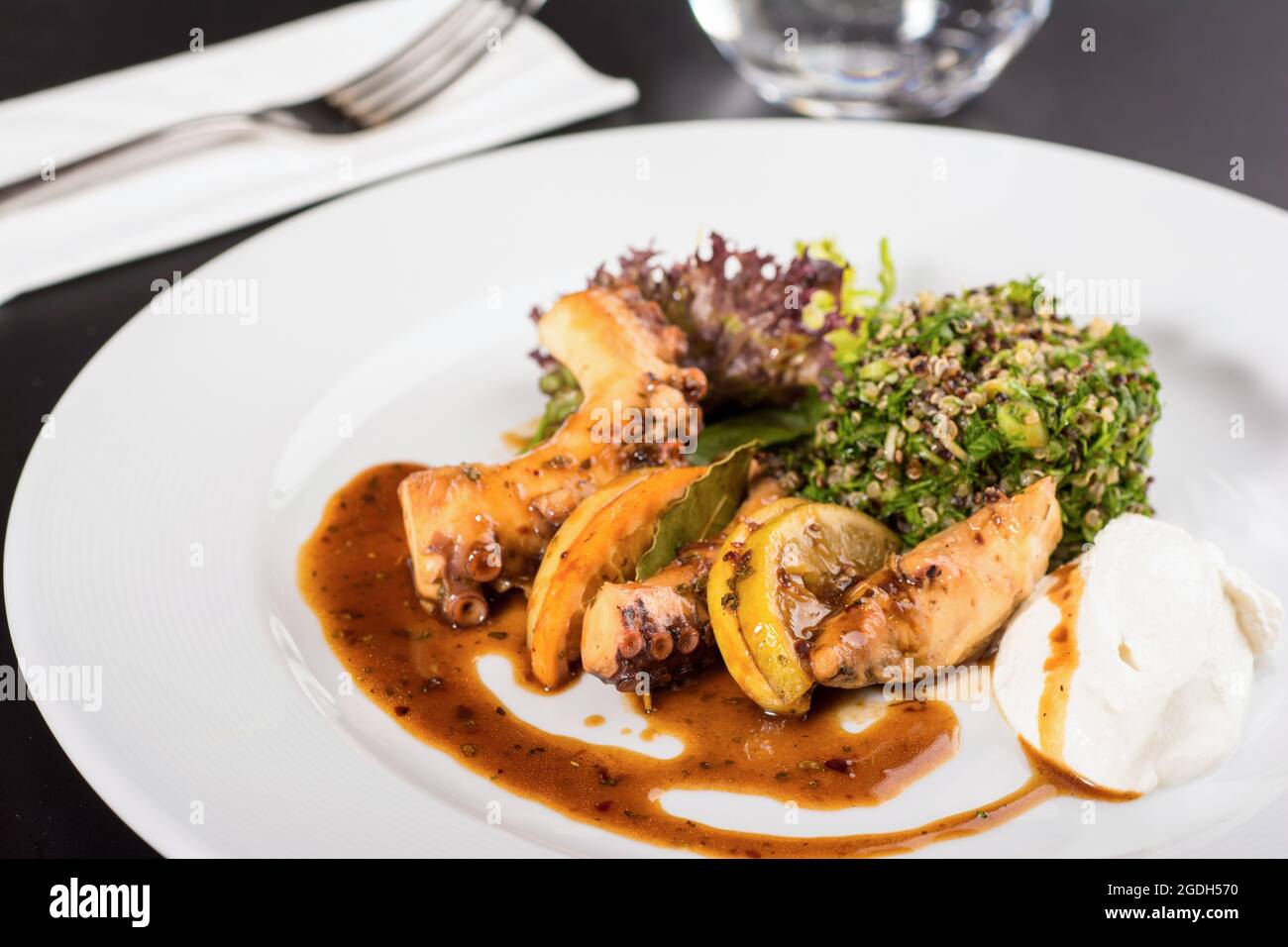 Gegrillter Oktopus mit Quinoa-Salat auf einem weißen Porzellanteller. Stockfoto