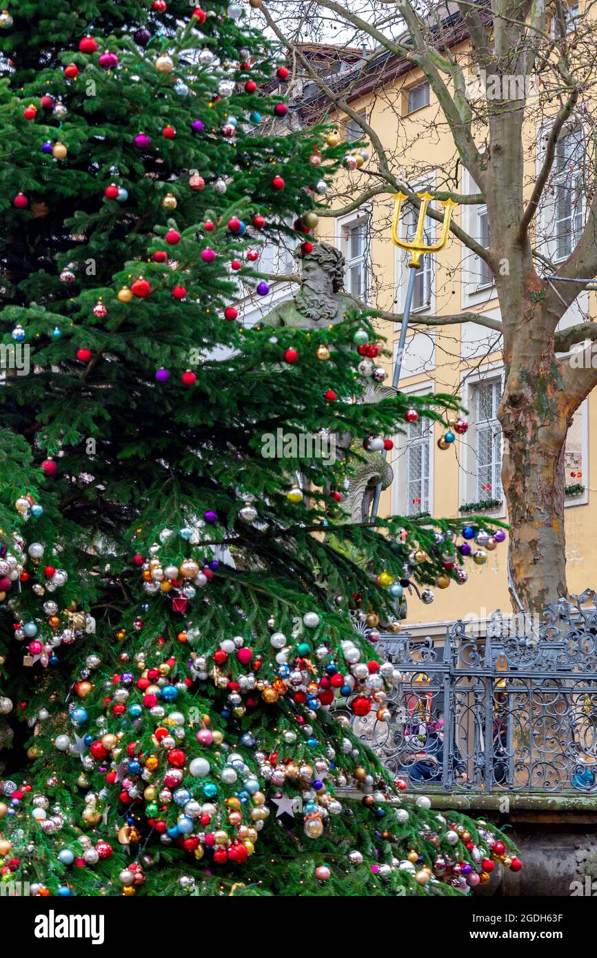 Neptun-Statue auf dem Hintergrund des Weihnachtsbaums. Bamberg. Bayern Deutschland. Stockfoto