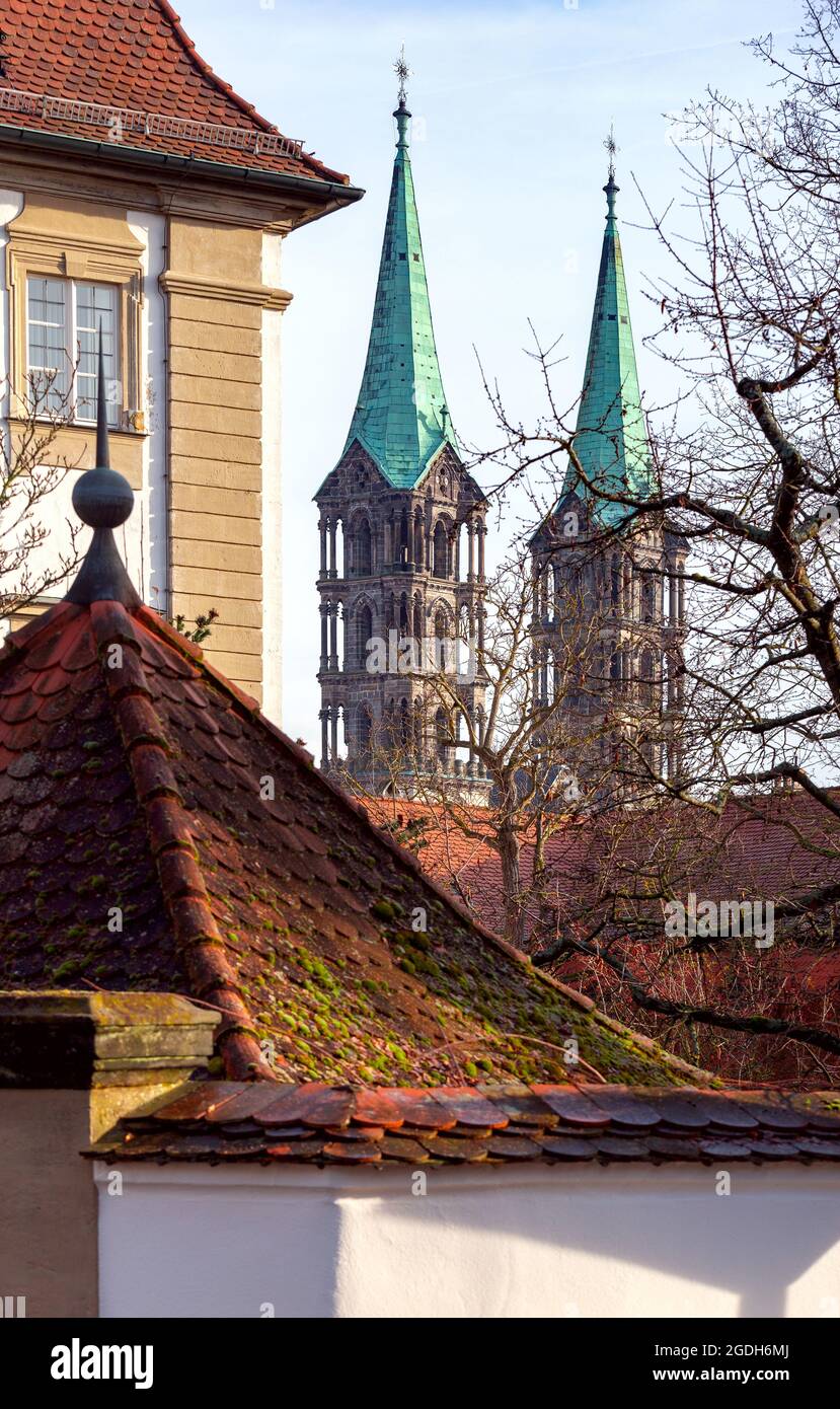 Bunte Fassaden alter Häuser im historischen Teil der Stadt. Bamberg. Bayern Deutschland. Stockfoto