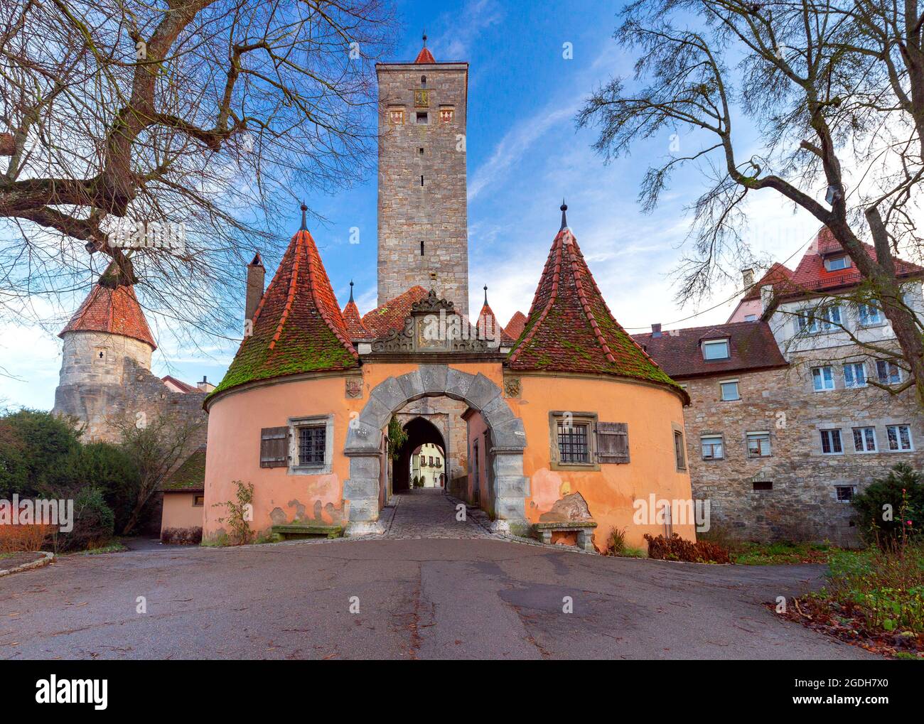 Altes mittelalterliches Stadttor Burtorg. Bayern Deutschland. Rothenburg ob der Tauber. Stockfoto