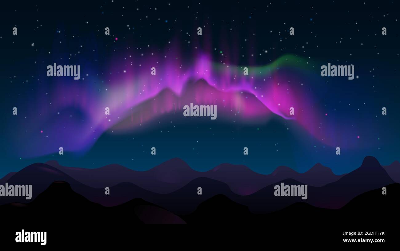 Abstrakte Berg-Nachtlandschaft mit aurora borealis und Sternen. Nördliche farbige Lichter am Himmel, polare natürliche leuchtende Vektorgrafik Stock Vektor