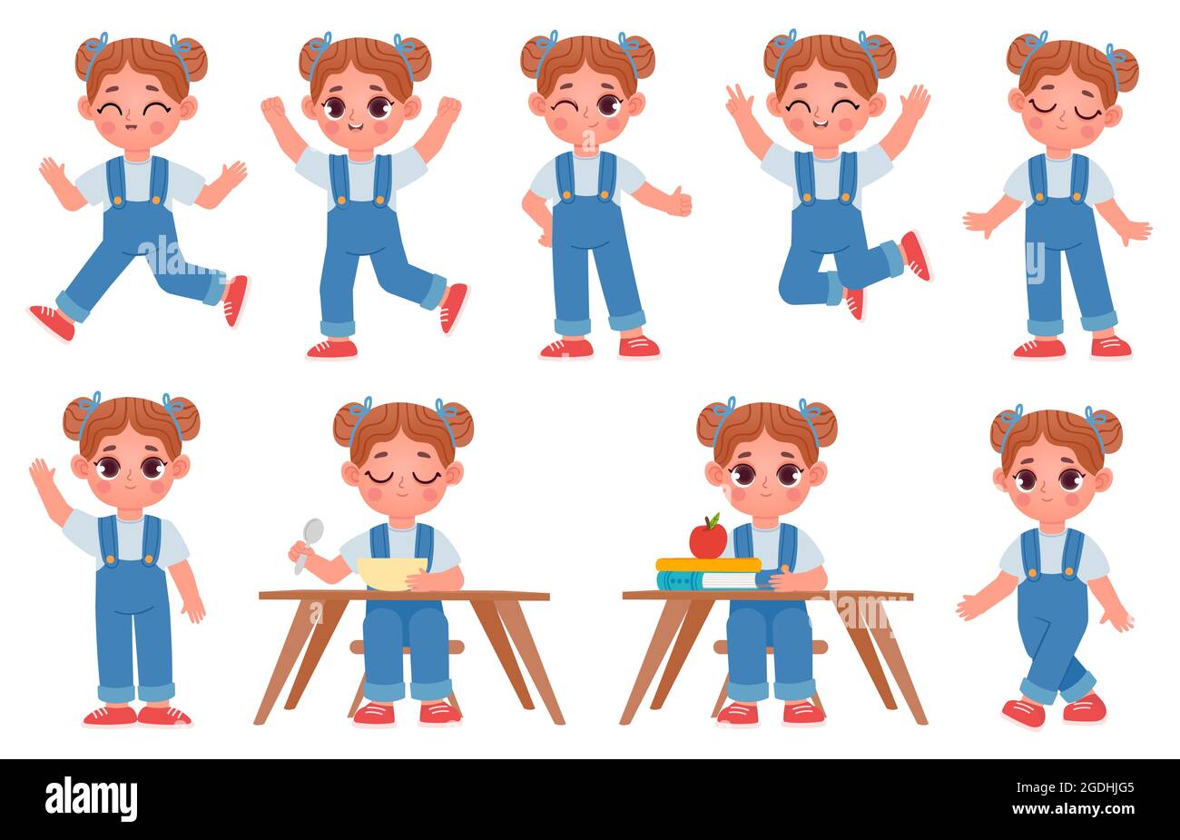 Cartoon kleines Kind Mädchen Charakter Posen und Ausdrücke. Das Schulkind sitzt mit Büchern am Tisch. Niedliche Mädchen gehen, laufen, springen und essen Vektor-Set Stock Vektor