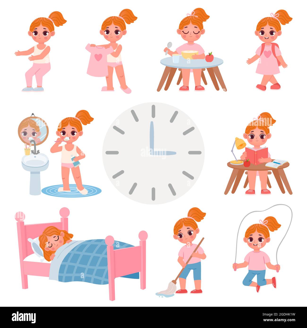 Nette kleine Schule Mädchen Tag Routine Zeitplan. Cartoon-Kind-Aktivität, Bewegung, Kleid, Zähne putzen und Hausarbeiten. Vektor-Tagesgrafik für Kind Stock Vektor