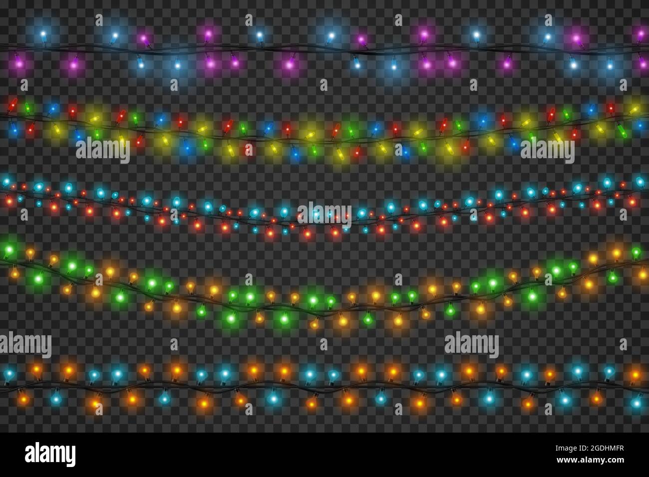 Realistische weihnachten farbigen leuchtenden Licht Girlanden Grenzen. Winterferien, Party oder festliche Dekoration String mit LED-Lichter Vektor-Set Stock Vektor