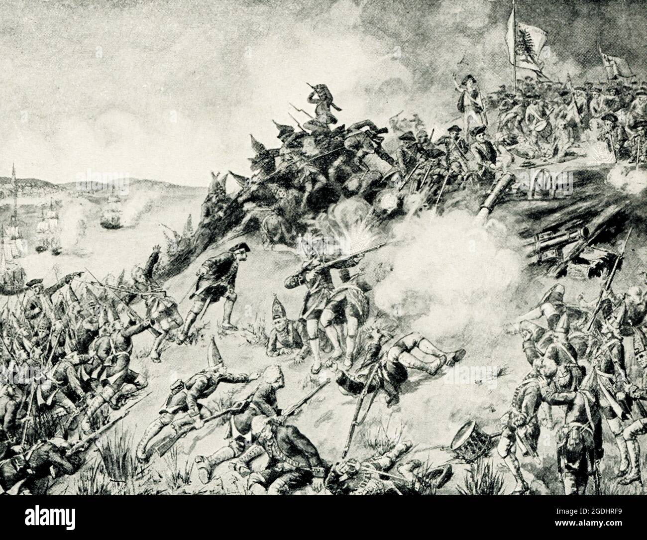 Am 17. Juni 1775, zu Beginn des Revolutionskrieges (1775-83), besiegten die Briten die Amerikaner in der Schlacht von Bunker Hill in Massachusetts. Trotz ihres Verlustes haben die unerfahrenen Kolonialkräfte dem Feind erhebliche Verluste zugefügt, und die Schlacht gab ihnen während der Belagerung von Boston (April 1775-März 1776) einen wichtigen Vertrauensschub. Obwohl gemeinhin als die Schlacht von Bunker Hill bezeichnet, die meisten der Kämpfe ereigneten sich auf dem nahe gelegenen Breed’s Hill. Stockfoto