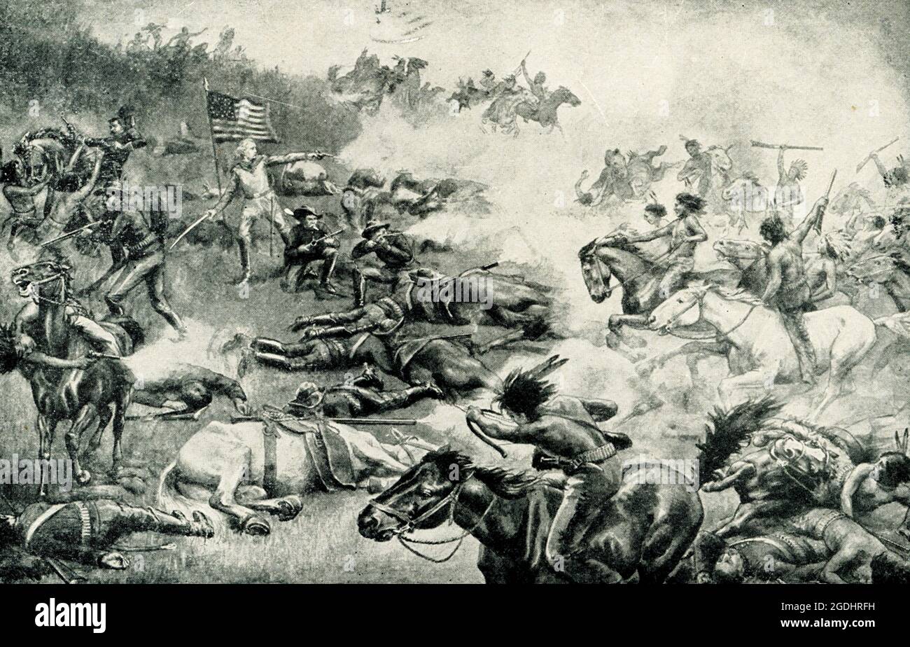 Die Schlacht am Little Bighorn, die am 25. Juni 1876 in der Nähe des Little Bighorn River im Montana Territory ausgetragen wurde, stellte Bundestruppen unter der Führung von Oberstleutnant George Armstrong Custer (1839-76) gegen eine Gruppe von Lakota Sioux- und Cheyenne-Kriegern. Am Mittag des 25. Juni betraten Custers 600 Männer das Little Bighorn Valley. Custer und etwa 200 Männer in seinem Bataillon wurden von bis zu 3,000 Indianern angegriffen; innerhalb einer Stunde waren Custer und alle seine Soldaten tot. Die Schlacht des Kleinen Bighorns, auch Custer’s Last Standm genannt (hier zu sehen), markierte den entscheidenden Sieg der amerikanischen Ureinwohner Stockfoto