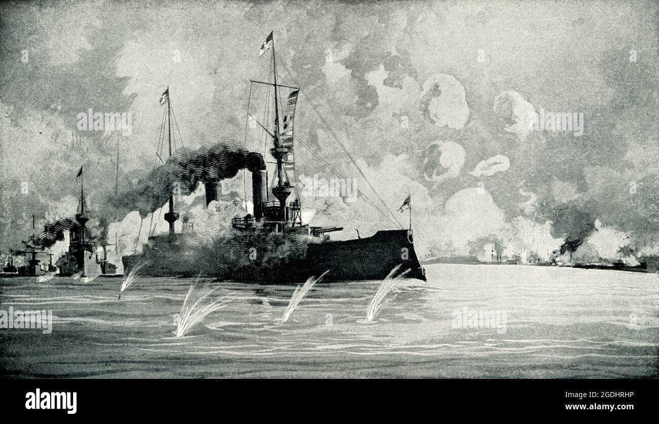 Diese Abbildung aus dem Jahr 1899 zeigt: „Schlacht an der Bucht von Manila“. Die Schlacht an der Bucht von Manila auf den Philippinen fand am 1. Mai 1898 während des Spanischen Amerikanischen Krieges statt. Die amerikanisch-asiatische Staffel stand unter dem Kommando von Commodore George Dewey und zerstörte das spanische Pazifik-Geschwader unter Admiral Patricio Montojo y Pasaron Stockfoto
