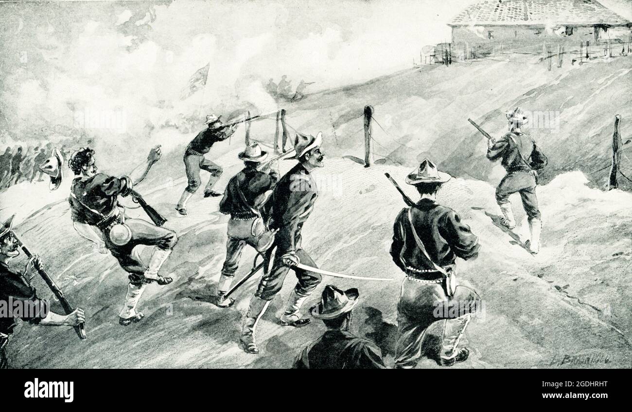 Diese Abbildung aus dem Jahr 1899 zeigt: „die Eroberung von San Juan“. Gemälde, das die Gefangennahme des San Juan Hill illustriert, 2. Juli 1898, während des Spanisch-Amerikanischen Krieges. Die Amerikaner nahmen den Spaniern das Blockhaus und den San Juan Hill ab, ein Schlüsselereignis für die Beendigung des Krieges und die Kapitulation der Spanier. Die Schlacht am San Juan Hill, auch bekannt als die Schlacht um die San Juan Heights, war eine große Schlacht des Spanisch-Amerikanischen Krieges, die zwischen einer amerikanischen Streitmacht unter dem Kommando von William Rufus Shafter und Joseph Wheeler gegen eine spanische Streitmacht unter der Führung von Arsenio Linares y Pombo ausgetragen wurde. Stockfoto