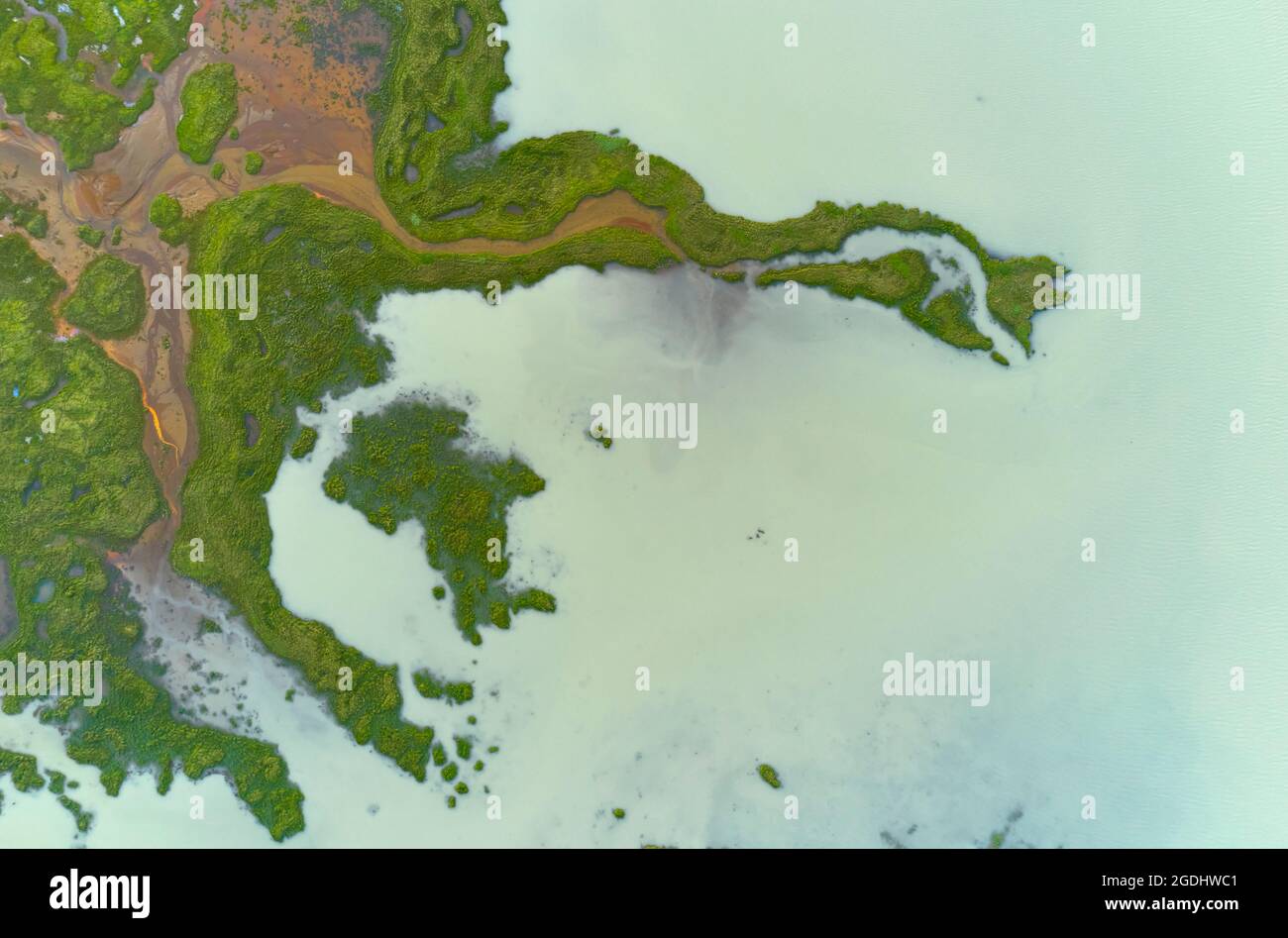 Luftaufnahme der unebenen Küste mit grünem Moos in der Nähe des türkisfarbenen Wassers des bewölkten Sees in Island Stockfoto