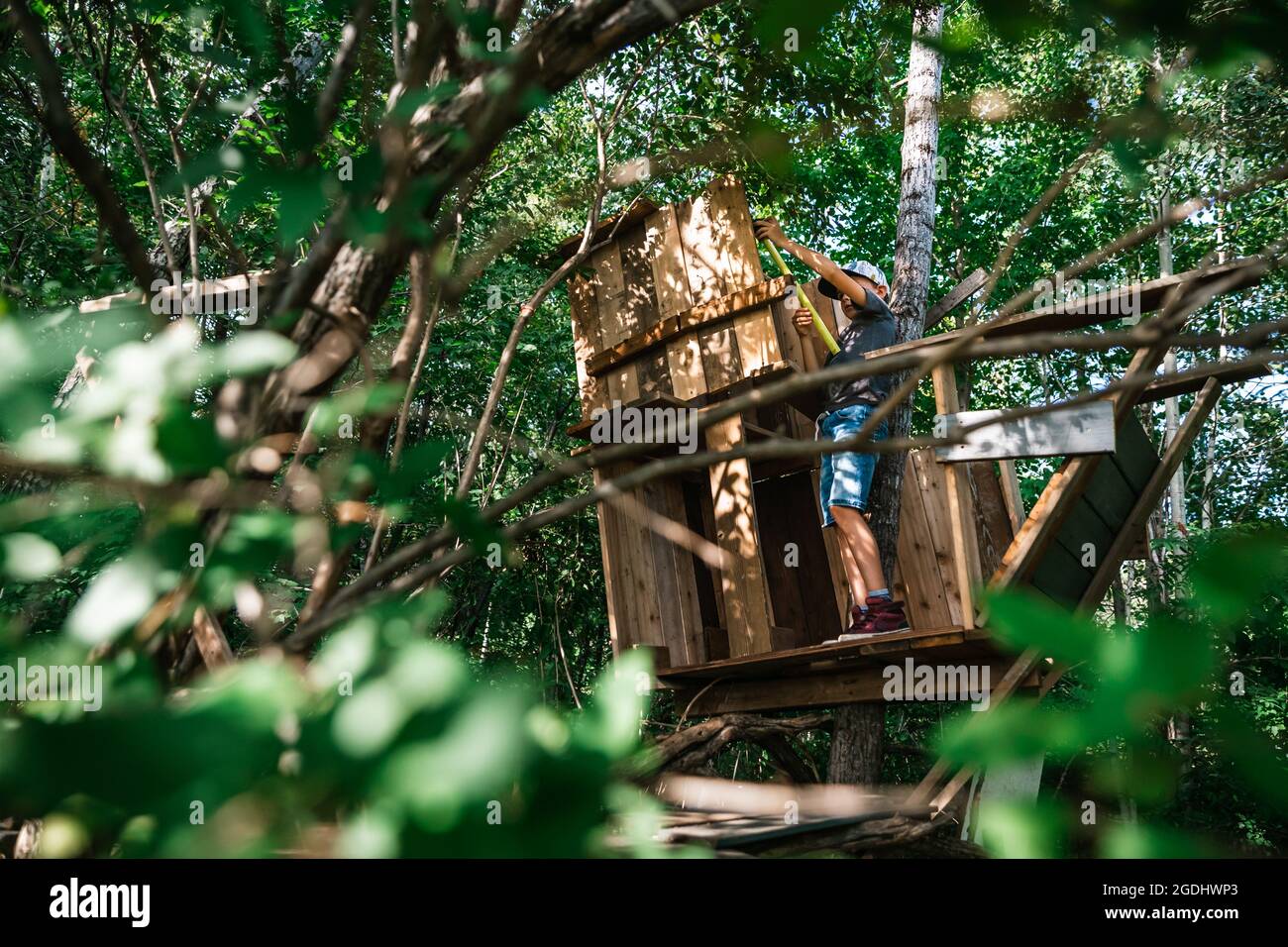 8 Jahre alter Junge baut im Sommer ein Baumhaus Stockfoto