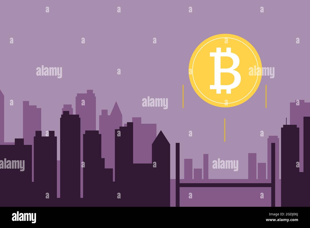 Bitcoin fliegt auf Stadt Hintergrund Illustration Stockfoto