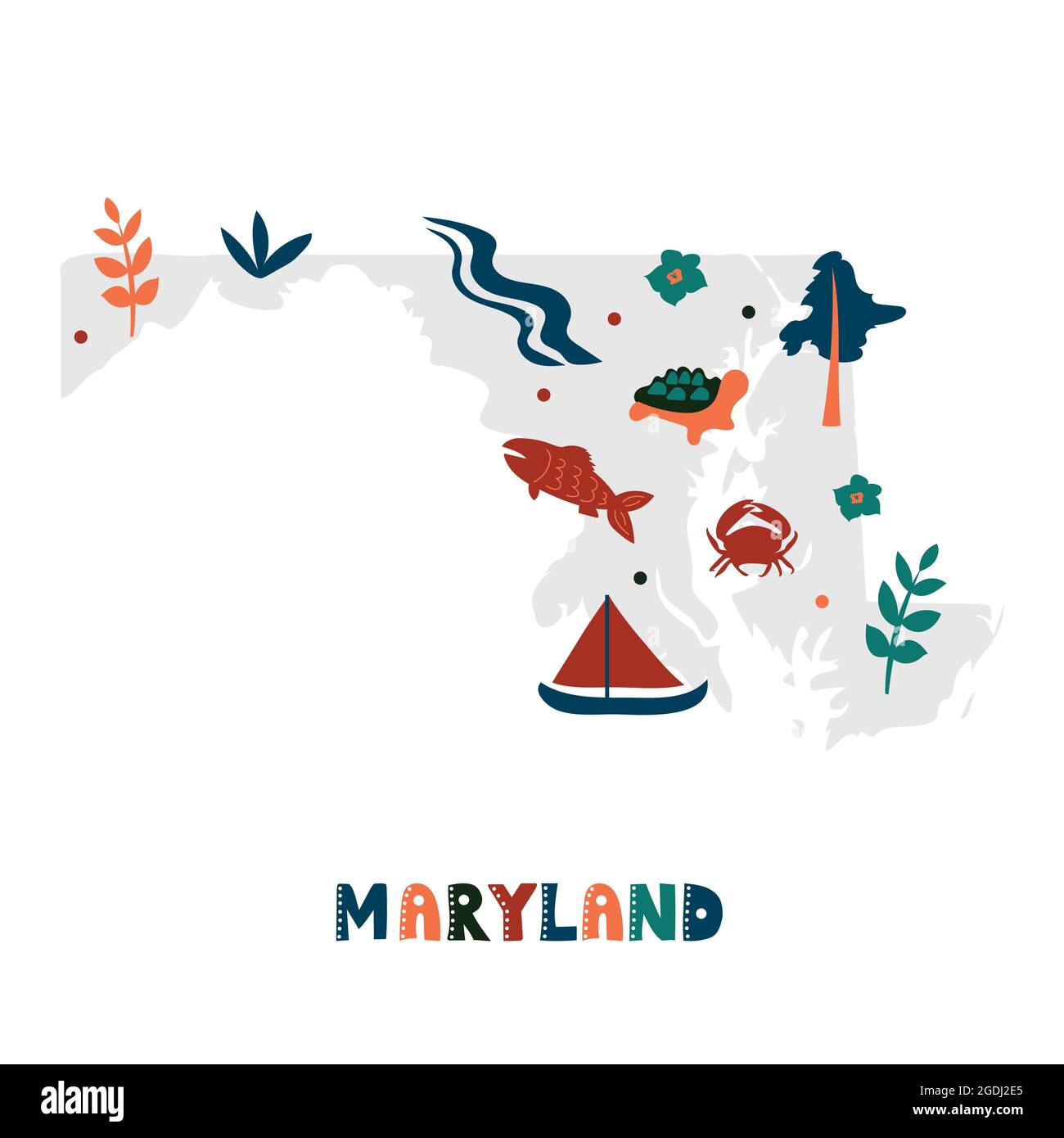 USA-Kartensammlung. Staatliche Symbole und Natur auf grauen Zustand Silhouette - Maryland. Cartoon-Stil für den Druck Stock Vektor