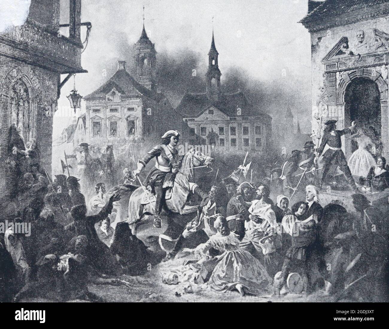 Schlacht von Narva (russischer Kaiser Peter I. befriedigt 1704 die erbitterten Soldaten). Stockfoto