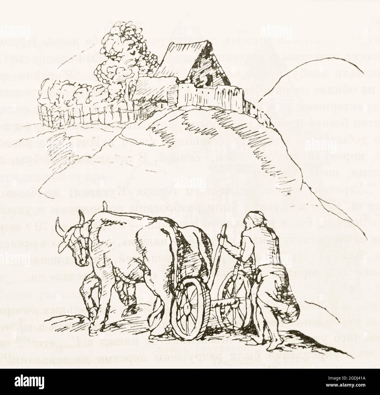 Pflügenden Bauern. Zeichnung aus dem 17. Jahrhundert. Stockfoto