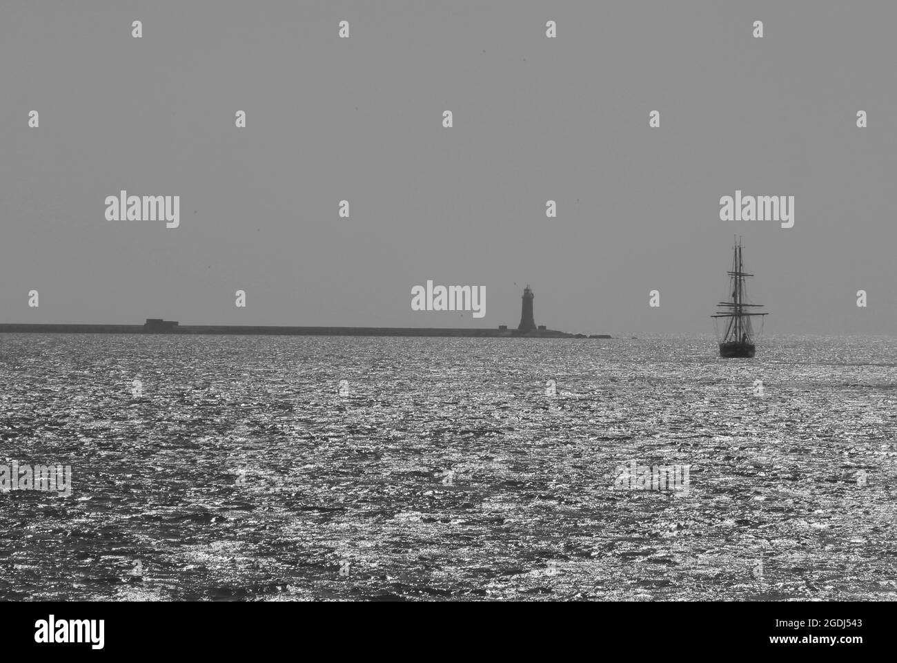 Tall Ship TS Royalist segelt am Plymouth Breakwater vorbei. Schwarz und Weiß Stockfoto