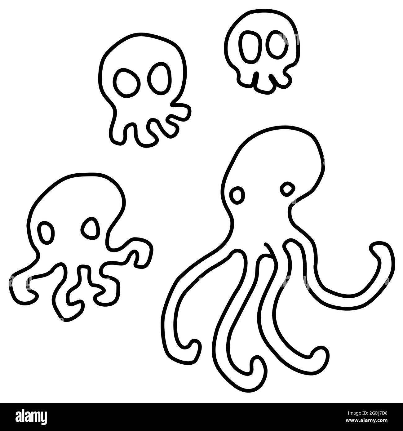 Schädel Oktopus Cartoon Linie Zeichnung, Vektor, horizontal, schwarz und weiß, isoliert Stock Vektor