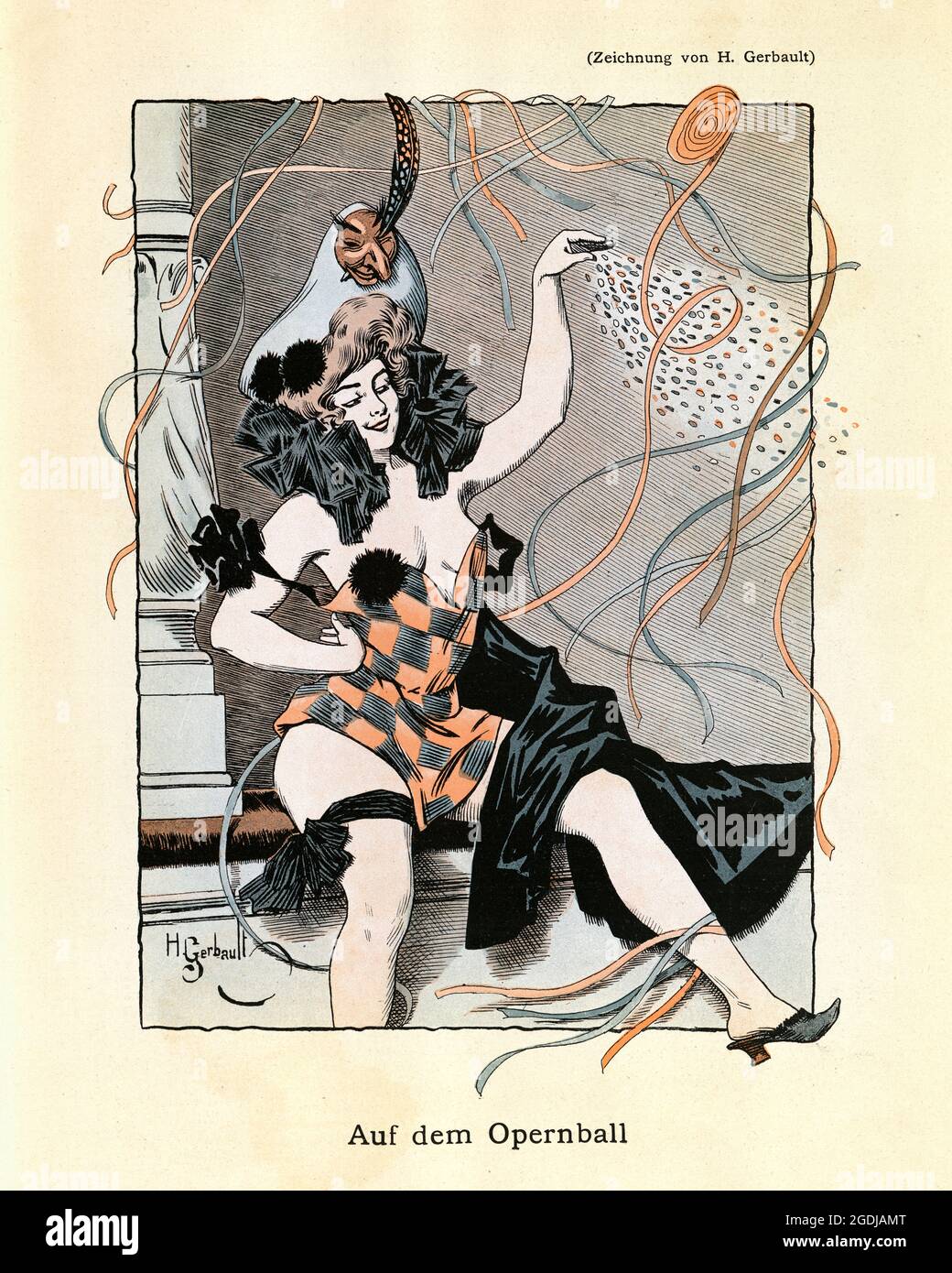 Vintage Illustration von Belle Epoque Ära Party, schöne Frau, Musikhalle Performer, am Opernball , auf dem Opernball, Henry Gerbault Stockfoto