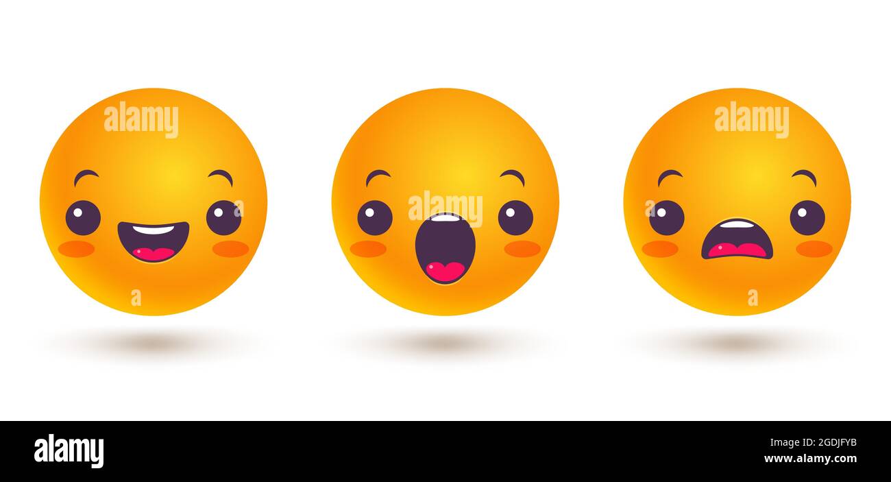 Vector Set von Emoji in unterschiedlicher Stimmung. Vektor-Set Symbole von Emoji im Kawaii-Stil. Stock Vektor