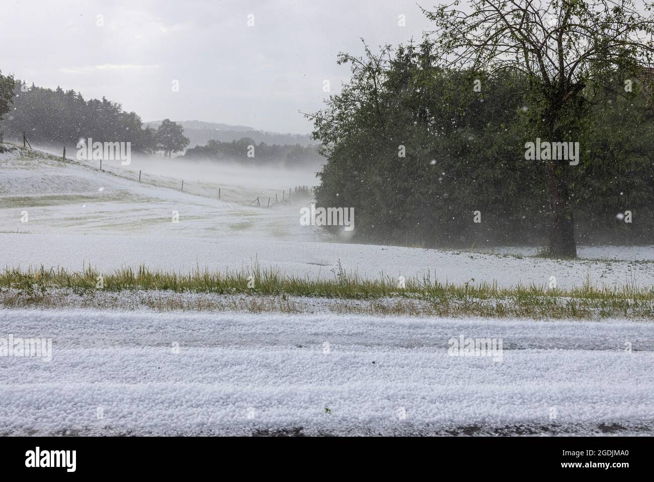 Hagel bedeckt Landstraße 15, winterliche Bedingungen, Deutschland, Bayern, Haag Stockfoto