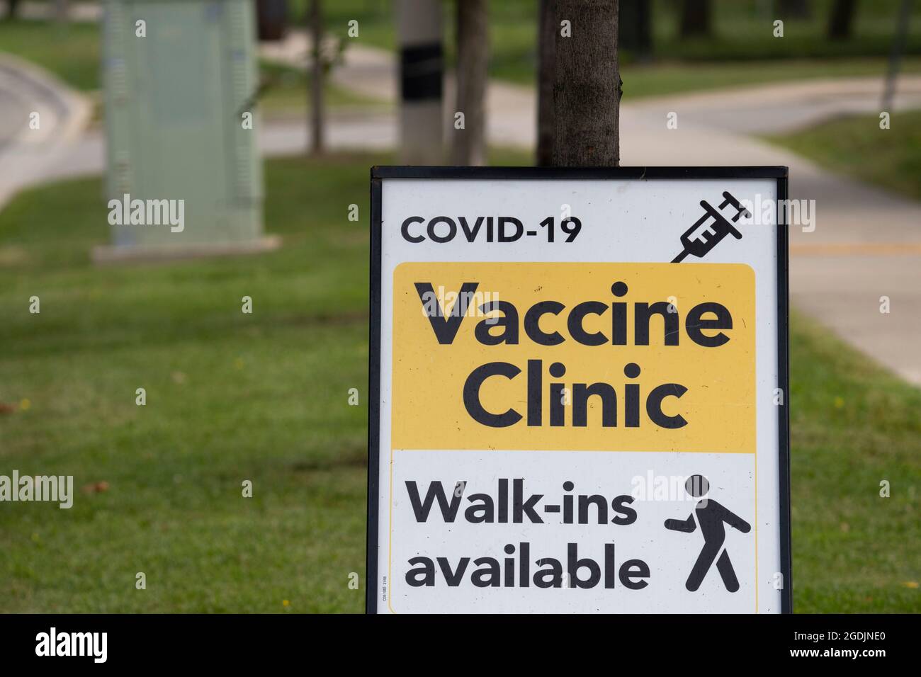 COVID Vaccine Clinic Sign, Ontario, Kanada Stockfoto
