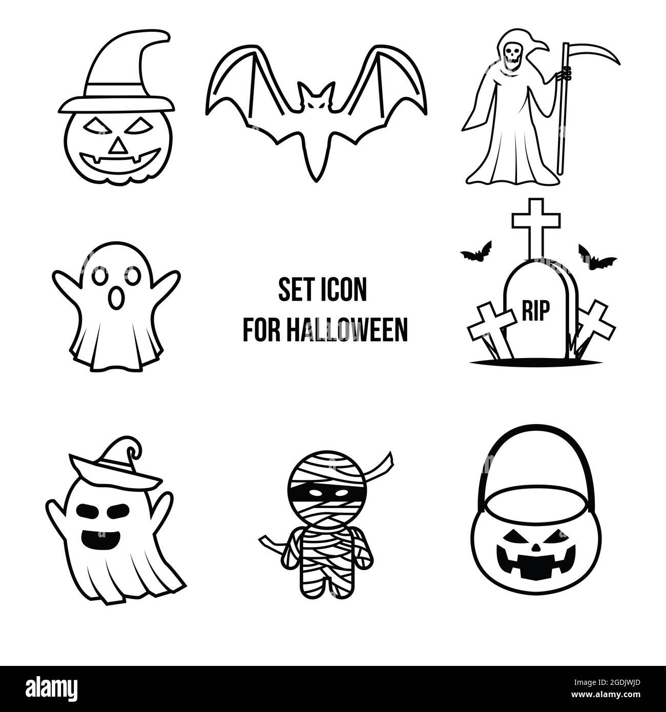 Set Icon halloween, Sensenmann, Kürbis halloween, Geist, Teufel, Mama, Grabstein Stock Vektor