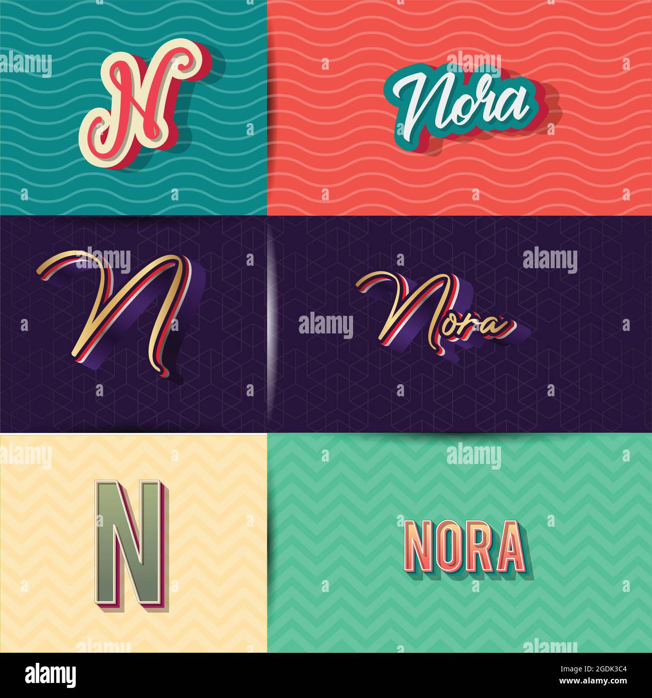 Name Nora in verschiedenen Retro Grafik Design-Elemente, Satz von Vektor Retro Typografie Grafik Design Illustration Stock Vektor