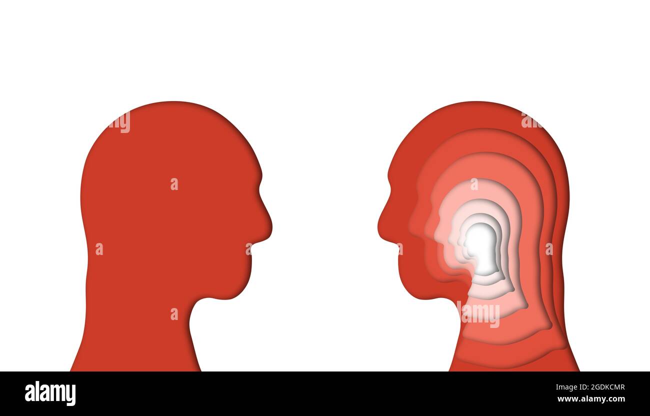 Zwei menschliche Kopf von Angesicht zu Angesicht; Psychologe und Multi-Layer-Kopf eines Patienten. Psychotherapie und Psychologie Beratung Konzept Idee Stockfoto