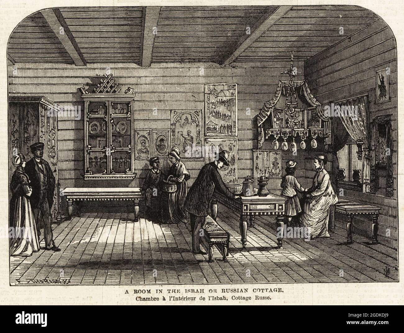 Ein Zimmer im Isbah oder Russian Cottage, Russian Departmnet, Paris Exposition Universelle, 1867. Besucher in einer traditionellen russischen Blockhütte. Holzschnitt von JM aus der Beilage zu den Illustrated London News, London, 8. Juni 1867. Stockfoto