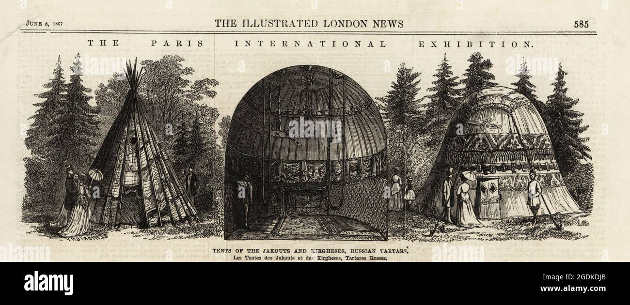 Yakut Tipi und Kyrhyz Jurte in der russischen Abteilung.. Zelte der Jakouts und Kirgisischen, Russische Tartar, Paris Exposition Universelle, 1867. Holzschnitt aus der Beilage zu den Illustrated London News, London, 8. Juni 1867. Stockfoto