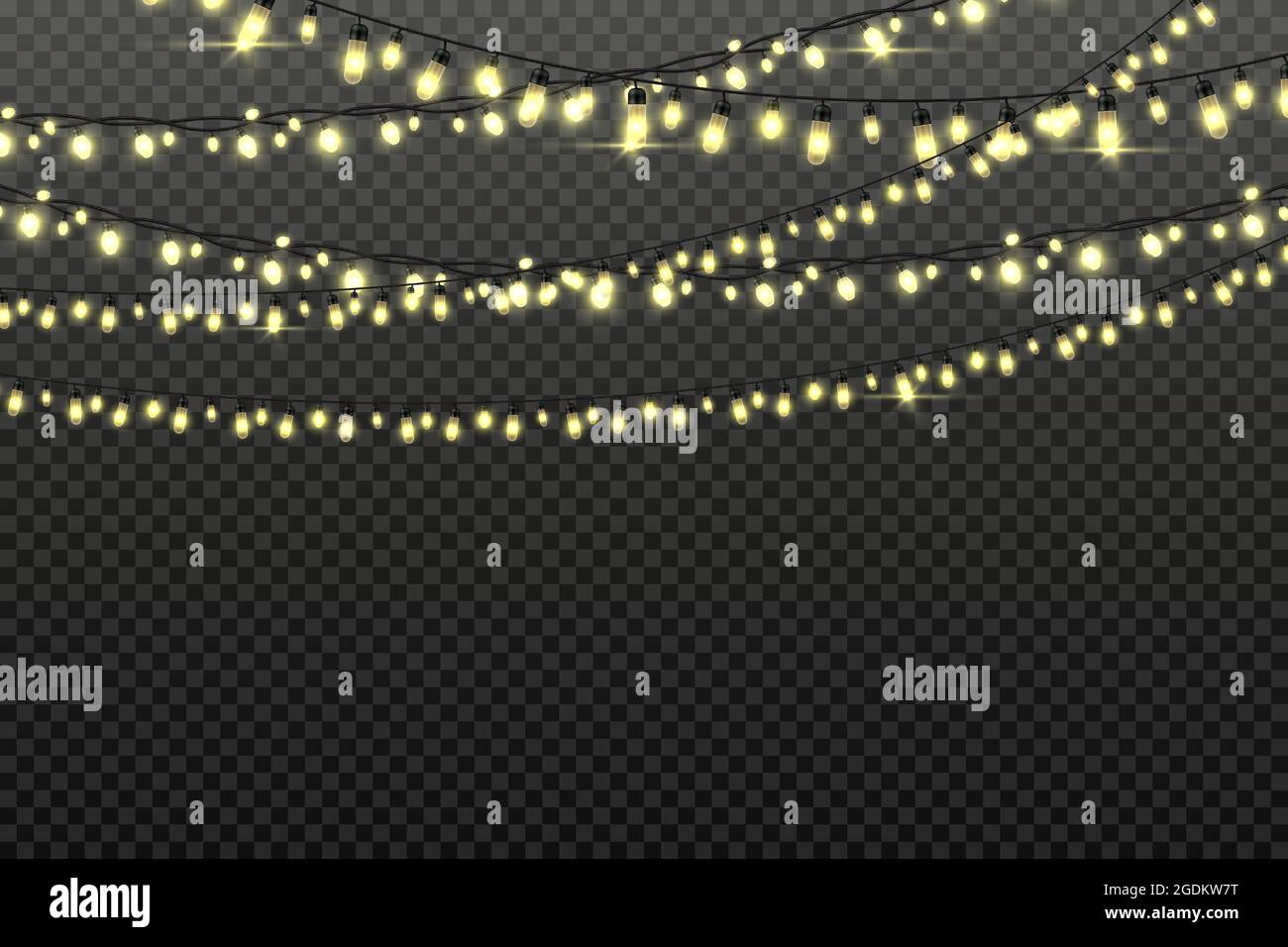 Weihnachtliche Girlanden mit Glühbirnen am String für Party-Hintergrund. Weihnachtsdekoration, leuchtende, glänzende Lichterketten. Vektor festliche Girlande Stock Vektor