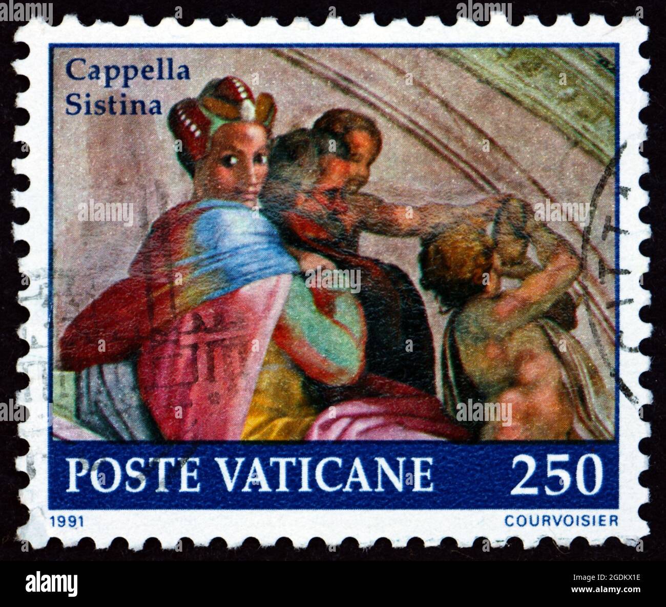 VATIKAN - UM 1991: Eine im Vatikan gedruckte Briefmarke zeigt Jakob, Detail aus dem Gemälde der Sixtinischen Kapelle, um 1991 Stockfoto