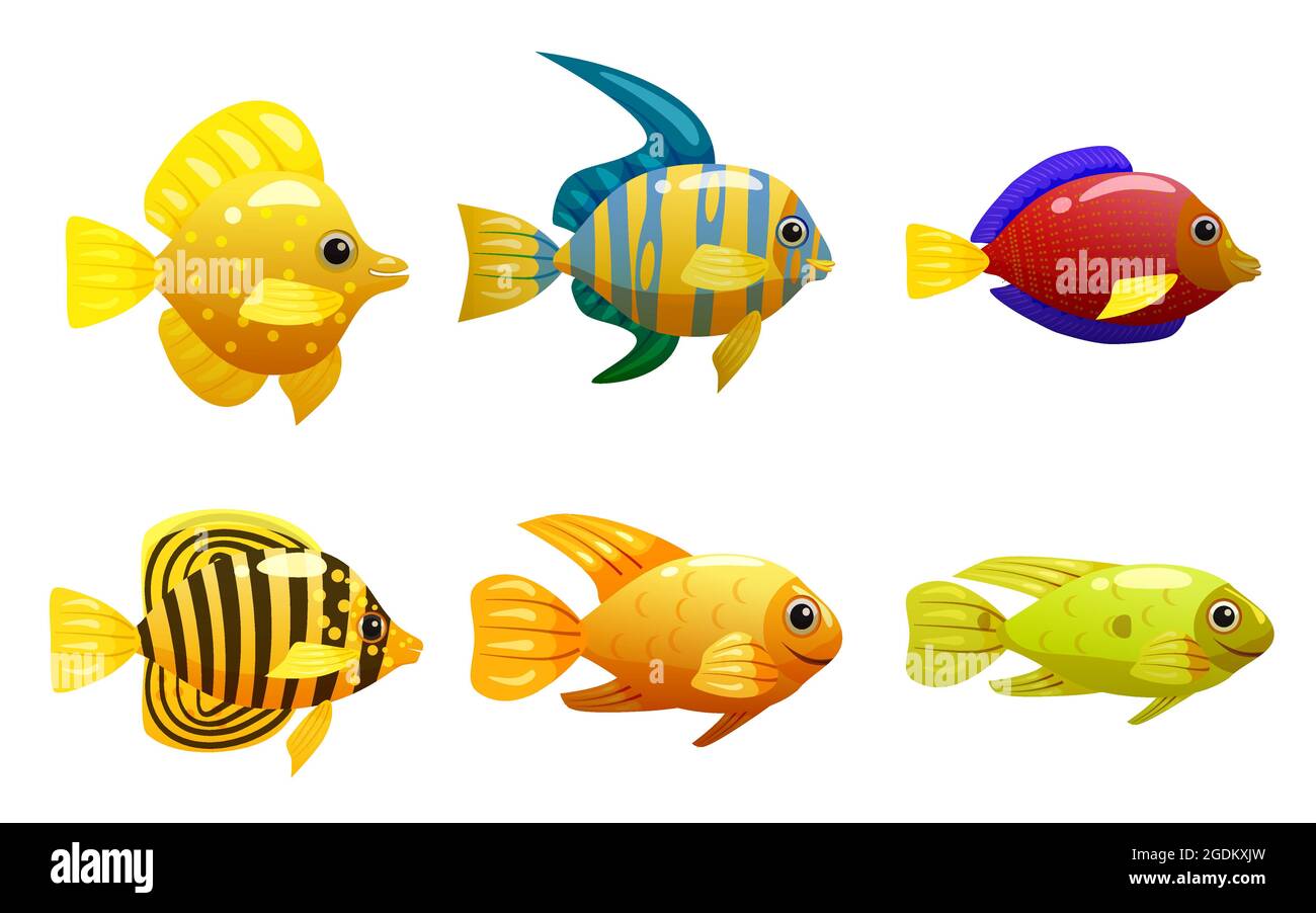 Set tropischer gelber Fisch, Korallenriff exotisches Haustier. Sammlung Aquarium Meer Leben, Vektor illustrartion Cartoon-Stil Stock Vektor