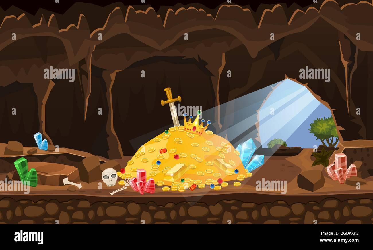 Schatzhöhle, Goldhaufen, Münzen, Edelsteine, Krone, Schwert, Kristalle. Konzeptkunst für Spiele, Apps. Hintergrund Cartoon-Stil Stock Vektor