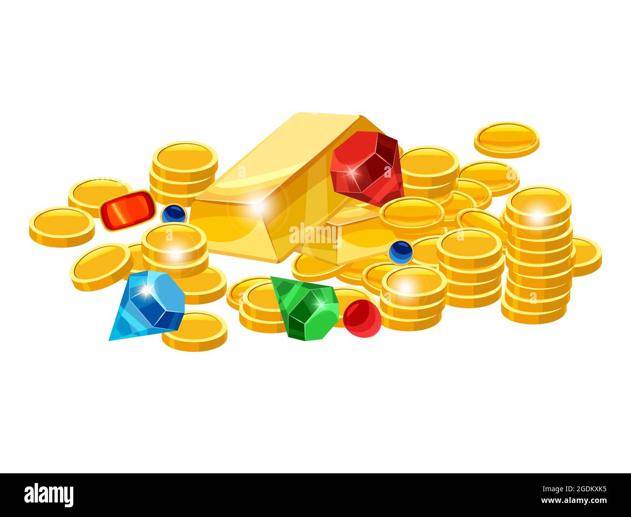 Set aus Goldmünzen, Bar, Edelsteinen, Jevels, Diamanten. Uralte Fantasie Haufen Gold Luxus. Vektor Cartoon-Stil für Spiele Apps Illustration Stock Vektor