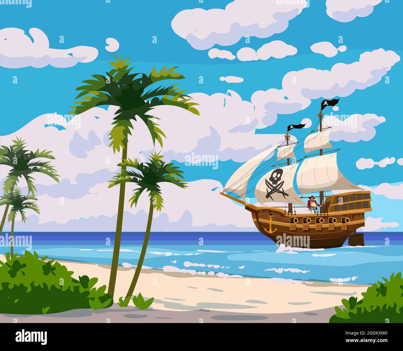 Tropical Island Piratenschiff unter Segel im Ozean, tropische Schätze,  Palmen. Meereslandschaft Küste, Strand, Sand, Abenteuer, Spiel.  Vektorgrafik Stock-Vektorgrafik - Alamy