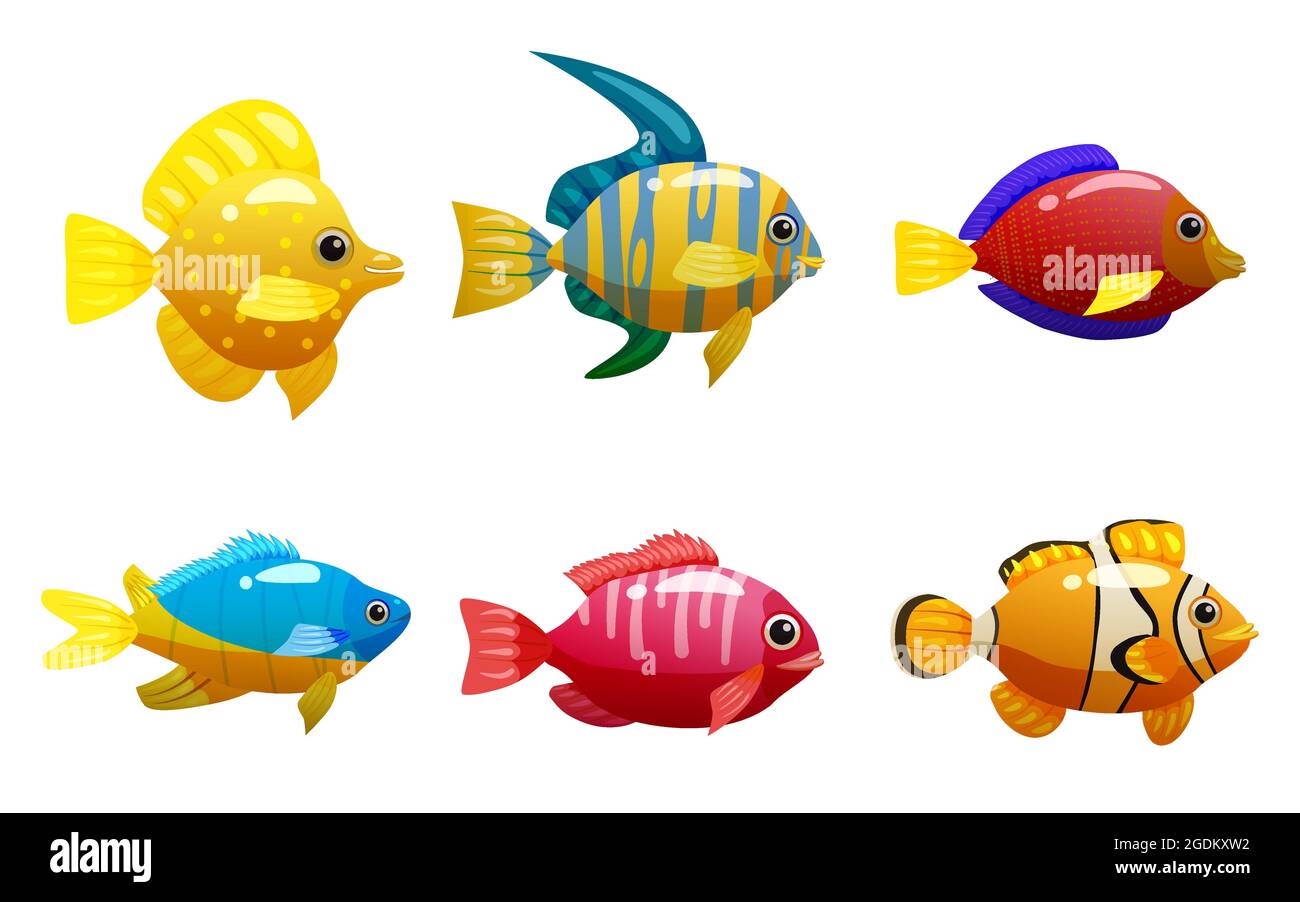 Set tropischer gelber Fisch, Korallenriff exotisches Haustier. Sammlung Aquarium Meer Leben, Vektor illustrartion Cartoon-Stil Stock Vektor