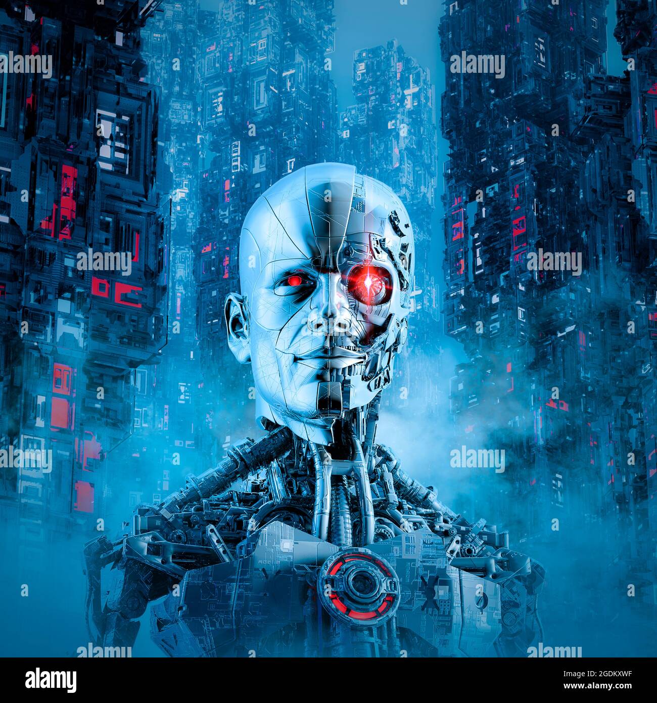 Cyborg man Human Face Mask - 3D-Illustration von Science-Fiction männlichen humanoiden Roboter mit leuchtenden Augen in futuristischen neonbeleuchteten Nacht Cyberpunk Stadt Stockfoto