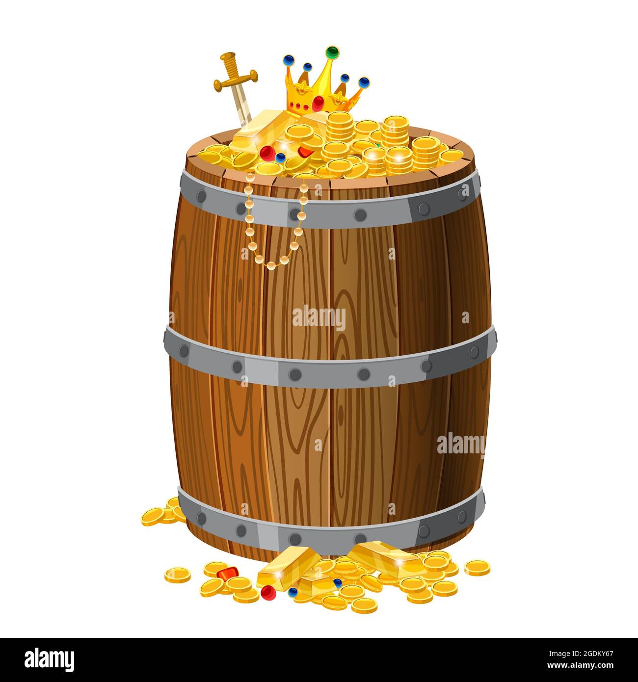 Holzfass mit Schätzen, Gold und Edelsteinen, Krone, Schwert, Münzen, mit Metallstreifen, Für Alkohol, Wein, Rum, Bier und andere Getränke Stock Vektor