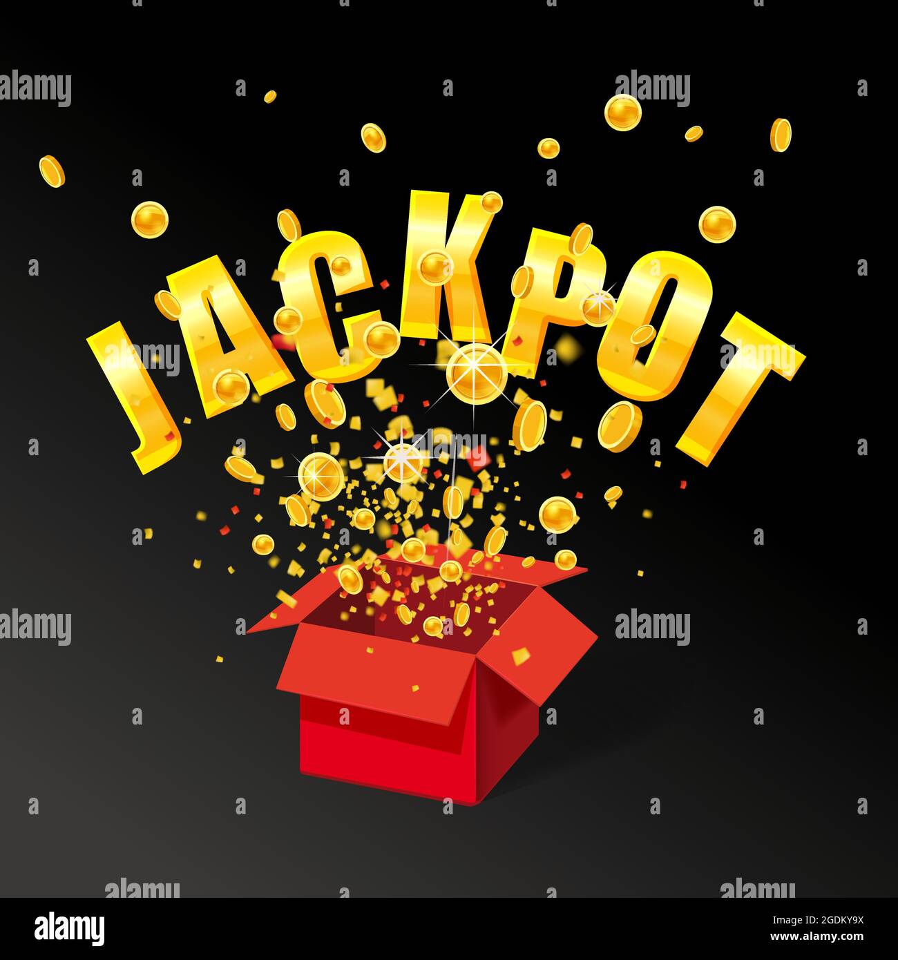 Jackpot Open Gift Box Münzen und Konfetti auf schwarzem Hintergrund. Vektorgrafik isoliert Stock Vektor